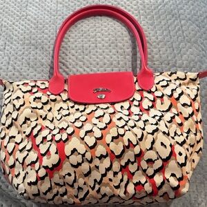 Longchamp Tote in white orange and Beige Animal Print l, deep pink leather Trim